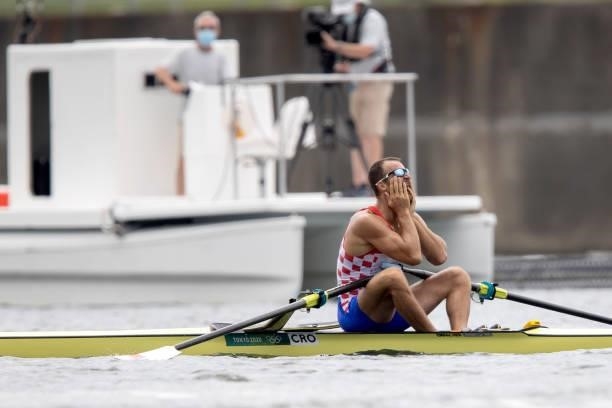 Damir Martin of Team Croatia celebrate after winning bronze medal in the men's single sculls on day seven of the Tokyo 2020 Olympic Games at Sea...