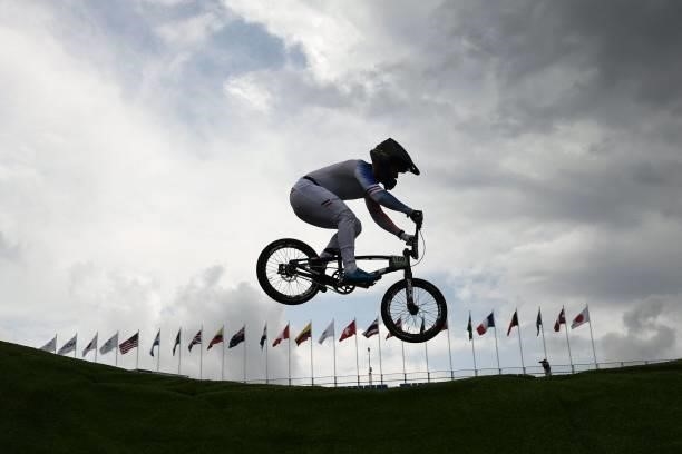 France's Romain Mahieu competes in the cycling BMX racing men's semi-finals run at the Ariake Urban Sports Park during the Tokyo 2020 Olympic Games...