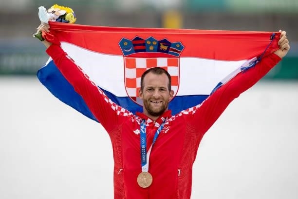 Bronze medalist Damir Martin of Team Croatia poses with his medal during the medal ceremony for the Men's Single Sculls Final A on day seven of the...