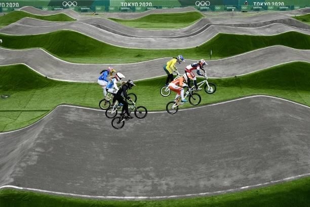 Cyclists compete in the cycling BMX racing women's semi-finals run at the Ariake Urban Sports Park during the Tokyo 2020 Olympic Games in Tokyo on...