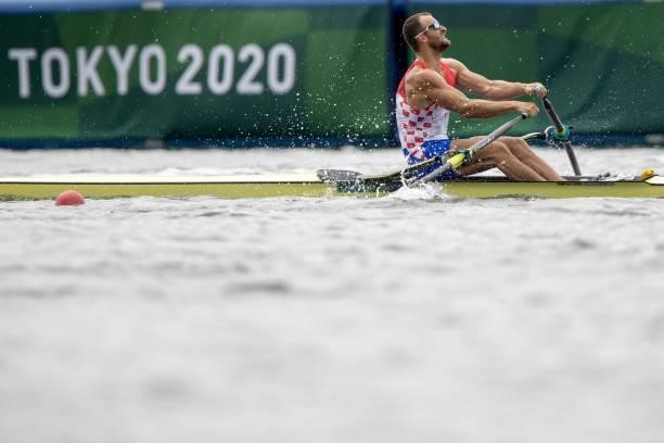 Damir Martin of Team Croatia compete in the men's single sculls final on day seven of the Tokyo 2020 Olympic Games at Sea Forest Waterway on July 30,...