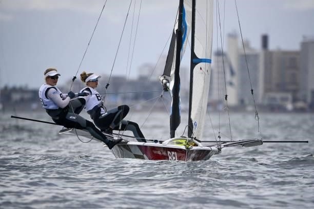 Belgium's Anouk Geurts and Isaura Maenhaut compete in the women's skiff 49er FX race 7 during the Tokyo 2020 Olympic Games sailing competition at the...