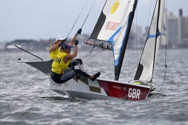 Great Britain's Charlotte Dobson and Saskia Tidey compete in the women's skiff 49er FX race during the Tokyo 2020 Olympic Games sailing competition...