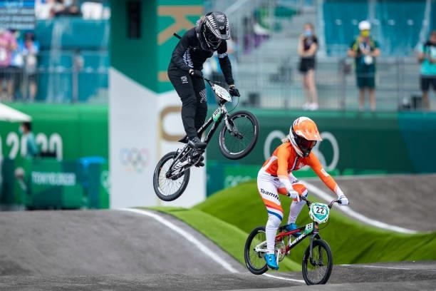 Rebecca Petch of New Zealand and Merel Smulders of Netherlands compete during the Women's BMX Racing Run on day seven of the Tokyo 2020 Olympic Games...