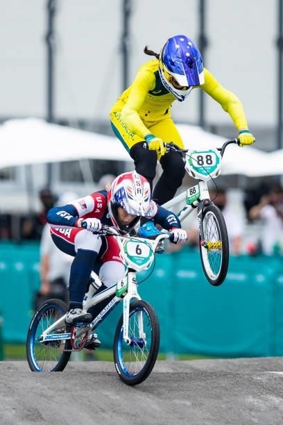 Felicia Stancil of USA and Saya Sakakibara of Australia compete during the Women's BMX Racing Run on day seven of the Tokyo 2020 Olympic Games at...