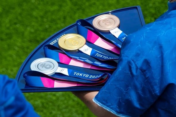 The medals at the Tokyo 2020 Olympic Games during the Women's BMX Racing Run on day seven of the Tokyo 2020 Olympic Games at Ariake Urban Sports Park...