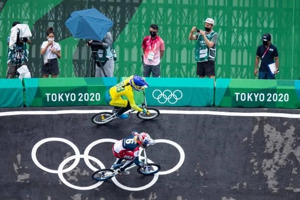 Saya Sakakibara of Australia and Felicia Stancil of USA compete during the Women's BMX Racing Run on day seven of the Tokyo 2020 Olympic Games at...