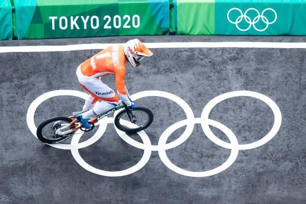 Twan Van Gendt of Netherlands compete during the Men's BMX Racing Run on day seven of the Tokyo 2020 Olympic Games at Ariake Urban Sports Park on...