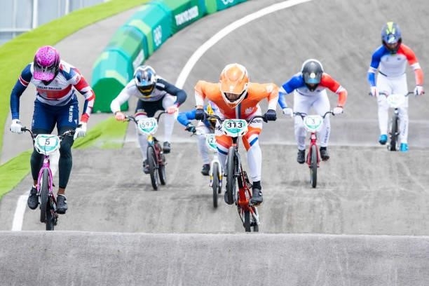 Kye Whyte of Great Britain, Alfredo Campo of Ecuador and Niek Kimmann of Netherlands compete during the Men's BMX Racing Run on day seven of the...
