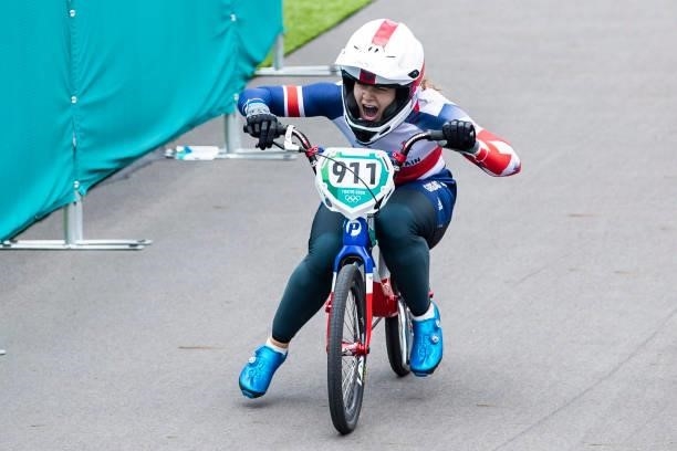 Bethany Shriever of Great Britain celebrates during the Women's BMX Racing Run on day seven of the Tokyo 2020 Olympic Games at Ariake Urban Sports...
