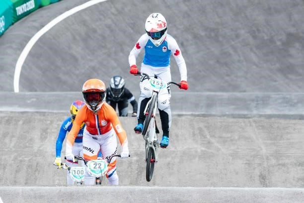 Mariana Pajon of Columbia, Merel Smulders of Netherlands and Drew Mechielsen of Canada compete during the Women's BMX Racing Run on day seven of the...