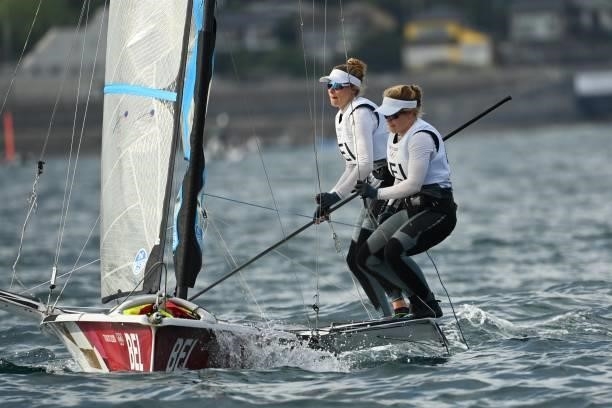 Belgiums Anouk Geurts and Isaura Maenhaut compete in the women's skiff 49er FX race during the Tokyo 2020 Olympic Games sailing competition at the...