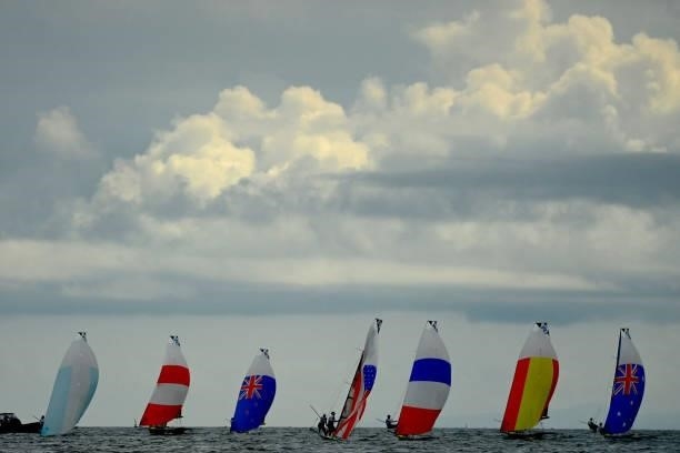 Competitors take part in the women's skiff 49er FX race 7 during the Tokyo 2020 Olympic Games sailing competition at the Enoshima Yacht Harbour in...