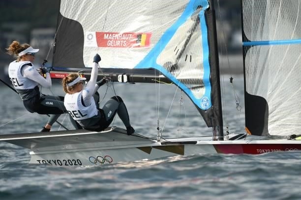 Belgiums Anouk Geurts and Isaura Maenhaut compete in the women's skiff 49er FX race during the Tokyo 2020 Olympic Games sailing competition at the...