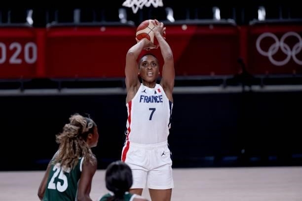 France's Sandrine Gruda takes a shot during the women's preliminary round group B basketball match between France and Nigeria of the Tokyo 2020...