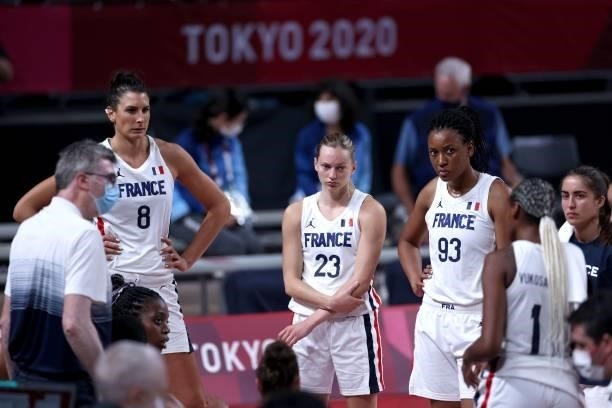 French player gahter on the sideline during a time out in the women's preliminary round group B basketball match between France and Nigeria during...