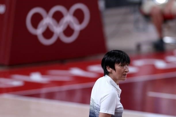 France's coach Valerie Garnier looks on from the sideline diring the women's preliminary round group B basketball match between France and Nigeria of...