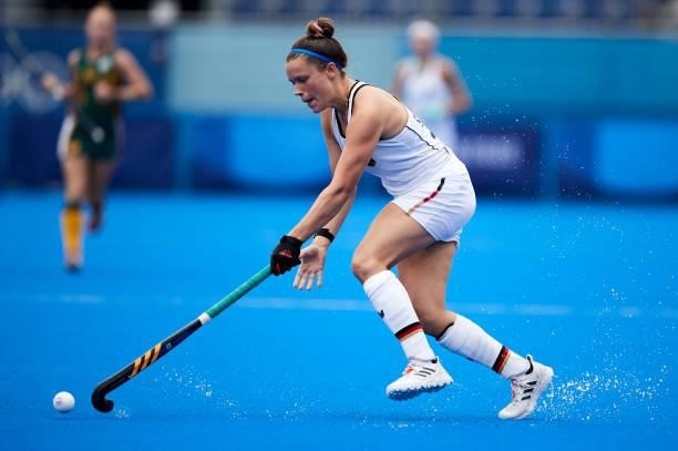 Maike Schaunig of Germany controls the ball during the Women's Pool A - Hockey Match between South Africa and Germany on day seven of the Tokyo 2020...