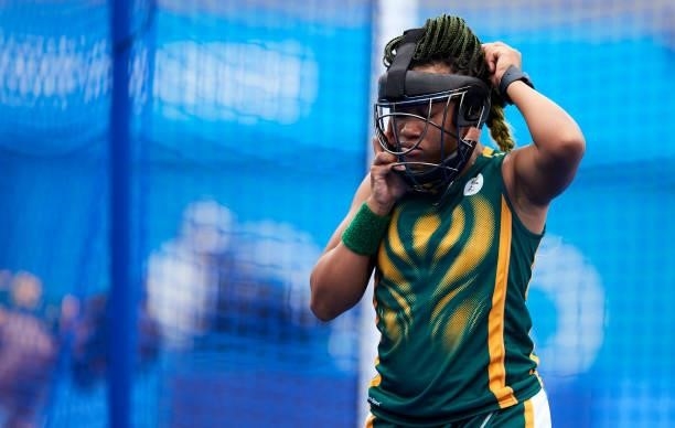 Lerato Mahole of South Africa puts the mask on during the Women's Pool A - Hockey Match between South Africa and Germany on day seven of the Tokyo...