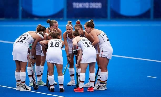 Huddle before the women's pool A group stage match between South Africa and Germany at the Oi Hockey Stadium during the Women's Pool A - Hockey Match...