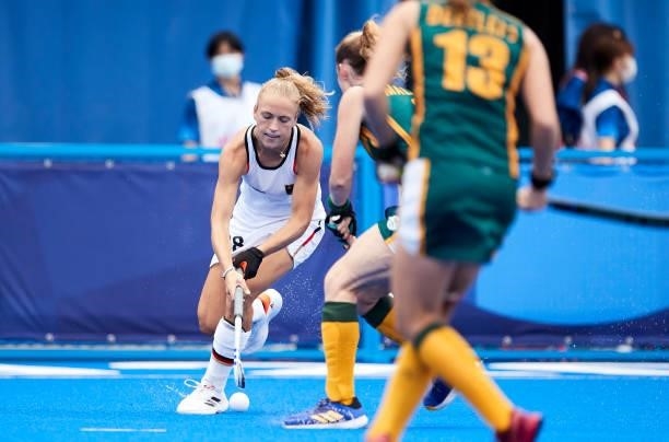 Jette Fleschutz of Germany battle for the ball during the Women's Pool A - Hockey Match between South Africa and Germany on day seven of the Tokyo...