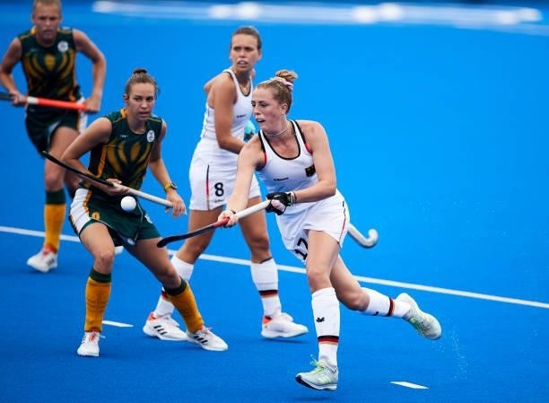 Pauline Heinz of Germany controls the ball during the Women's Pool A - Hockey Match between South Africa and Germany on day seven of the Tokyo 2020...