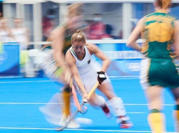 Lisa Altenburg of Germany controls the ball during the Women's Pool A - Hockey Match between South Africa and Germany on day seven of the Tokyo 2020...