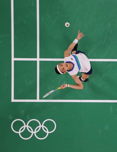 Taiwan's Tai Tzu-ying hits a shot to Thailand's Ratchanok Intanon in their women's singles badminton quarter final match during the Tokyo 2020...