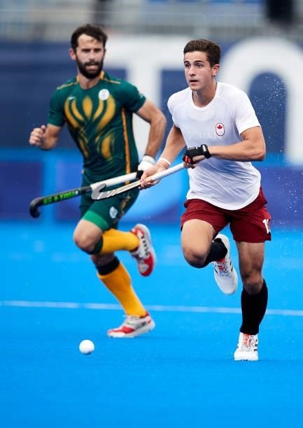 James Wallace of Canada controls the ball during the Men's Pool B - Hockey Match between Canada and South Africa on day seven of the Tokyo 2020...