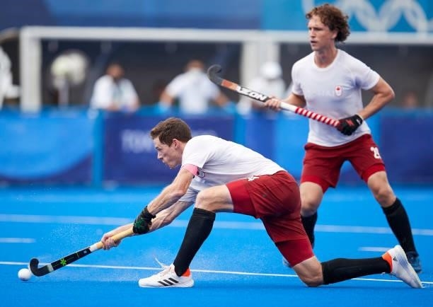 Scott Tuper of Canada controls the ball during the Men's Pool B - Hockey Match between Canada and South Africa on day seven of the Tokyo 2020 Olympic...