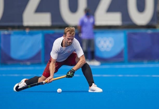 Brenden Bisset of Canada controls the ball during the Men's Pool B - Hockey Match between Canada and South Africa on day seven of the Tokyo 2020...