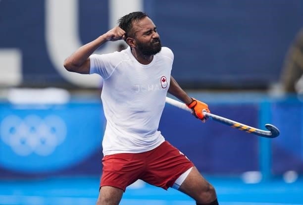 Keegan Pereira of Canada celebrates after scoring a goal during the Men's Pool B - Hockey Match between Canada and South Africa on day seven of the...