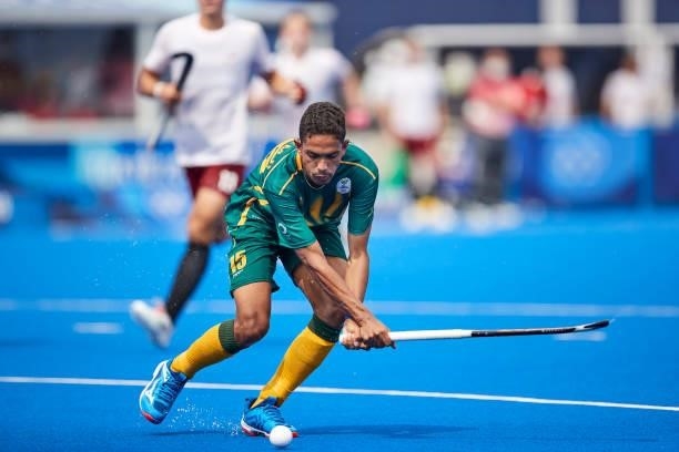 Abdud Cassiem of South Africa controls the ball during the Men's Pool B - Hockey Match between Canada and South Africa on day seven of the Tokyo 2020...