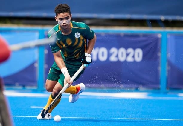 Samkelo Mvimbi of South Africa controls the ball during the Men's Pool B - Hockey Match between Canada and South Africa on day seven of the Tokyo...