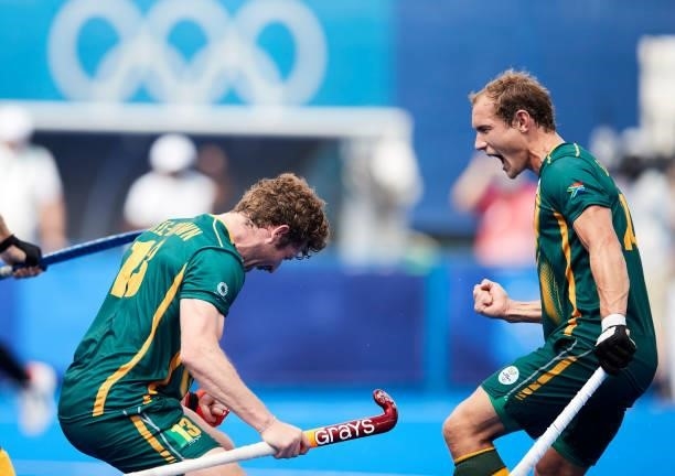 Matthew Guise of South Africa celebrates after scoring a goal during the Men's Pool B - Hockey Match between Canada and South Africa on day seven of...