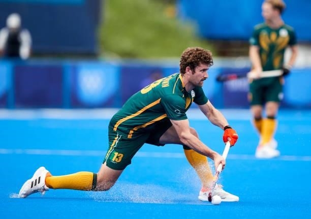 Matthew Guise of South Africa controls the ball during the Men's Pool B - Hockey Match between Canada and South Africa on day seven of the Tokyo 2020...