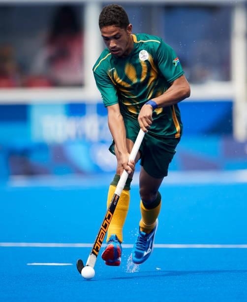 Abdud Cassiem of South Africa controls the ball during the Men's Pool B - Hockey Match between Canada and South Africa on day seven of the Tokyo 2020...