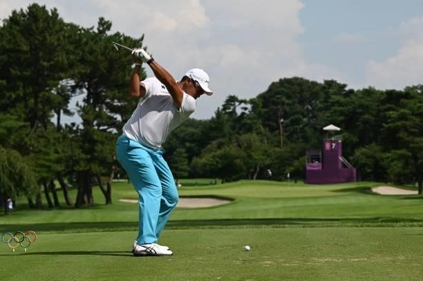 Japan's Hideki Matsuyama tees off from the 14th tee in round 2 of the mens golf individual stroke play during the Tokyo 2020 Olympic Games at the...