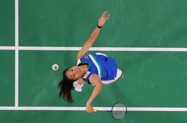 Thailand's Ratchanok Intanon hits a shot to Taiwan's Tai Tzu-ying in their women's singles badminton quarter final match during the Tokyo 2020...