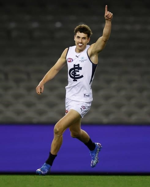 Tom Williamson of the Blues celebrates a goal during the 2021 AFL Round 20 match between the St Kilda Saints and the Carlton Blues at Marvel Stadium...