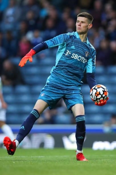 Illan Meslier of Leeds United during the Pre-Season Friendly match between Blackburn Rovers and Leeds United at Ewood Park on July 28, 2021 in...