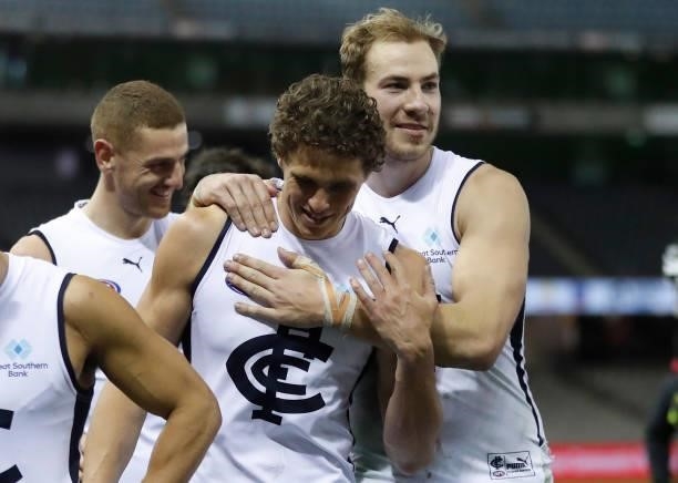 Charlie Curnow and Harry McKay of the Blues celebrate after the 2021 AFL Round 20 match between the St Kilda Saints and the Carlton Blues at Marvel...