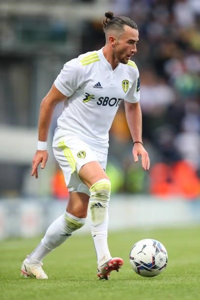 Jack Harrison of Leeds United during the Pre-Season Friendly match between Blackburn Rovers and Leeds United at Ewood Park on July 28, 2021 in...
