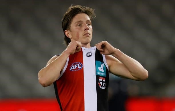 Leo Connolly of the Saints looks dejected after a loss during the 2021 AFL Round 20 match between the St Kilda Saints and the Carlton Blues at Marvel...