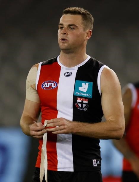 Brad Crouch of the Saints looks dejected after a loss during the 2021 AFL Round 20 match between the St Kilda Saints and the Carlton Blues at Marvel...