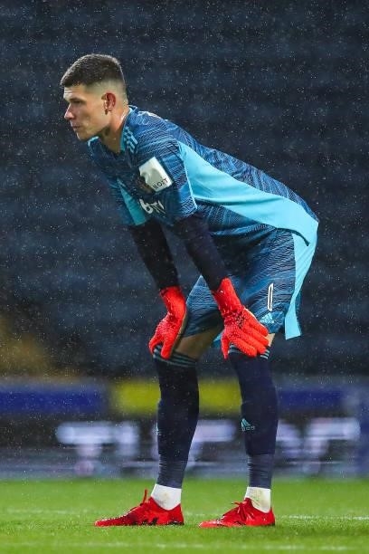 Illan Meslier of Leeds United uring the Pre-Season Friendly match between Blackburn Rovers and Leeds United at Ewood Park on July 28, 2021 in...