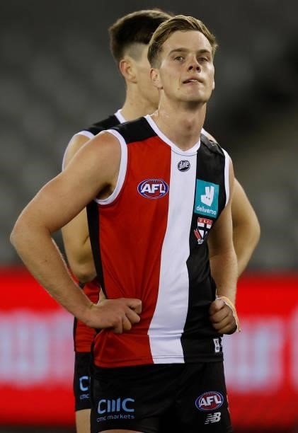 Thomas Highmore of the Saints looks dejected after a loss during the 2021 AFL Round 20 match between the St Kilda Saints and the Carlton Blues at...