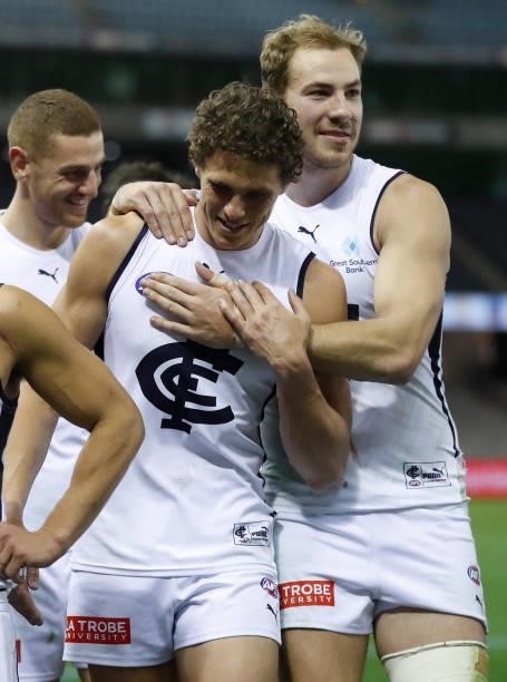Charlie Curnow and Harry McKay of the Blues celebrate after the 2021 AFL Round 20 match between the St Kilda Saints and the Carlton Blues at Marvel...