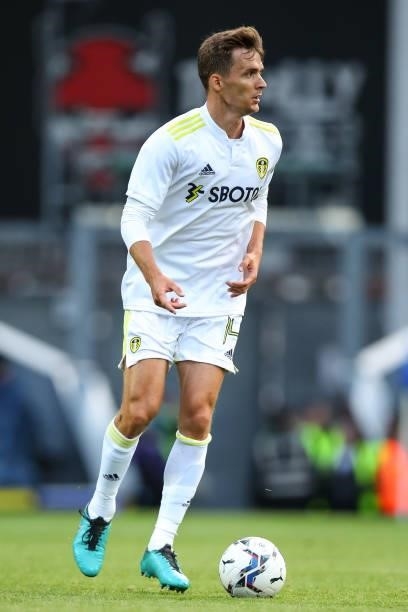 Diego Llorente of Leeds United during the Pre-Season Friendly match between Blackburn Rovers and Leeds United at Ewood Park on July 28, 2021 in...