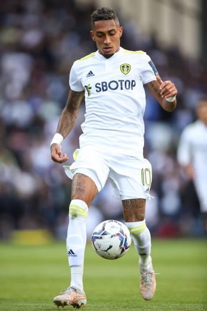 Raphinha of Leeds United uring the Pre-Season Friendly match between Blackburn Rovers and Leeds United at Ewood Park on July 28, 2021 in Blackburn,...